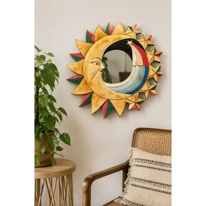 Vintage 90s Celestial Sun Moon Star Carved Wood Mirror Indonesia Boho Folk Art
